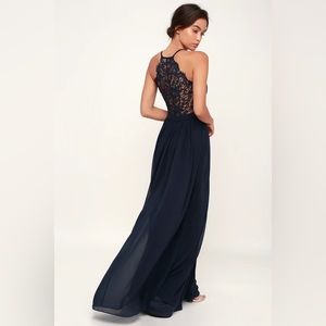 Lulu’s Small Everlasting Beauty Lace Back Chiffon Gown in Navy